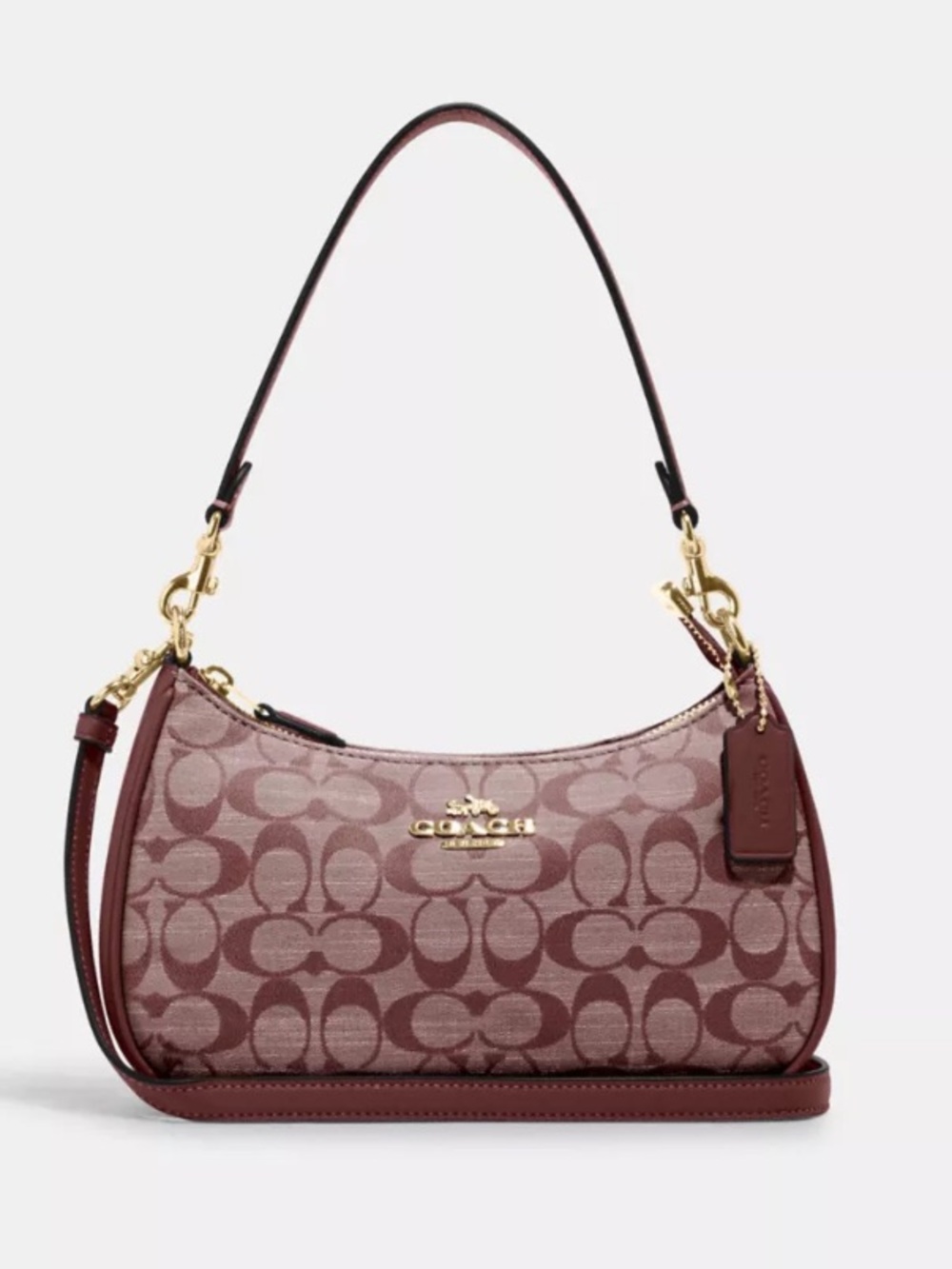 Coach Teri Shoulder Bag Signature Chambray Denim Wine Leather Baguette